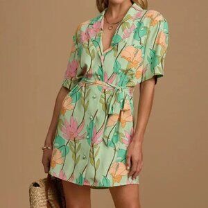Lulus Totally Tropical Green Button-Up Floral Shirtdress XS NWT
